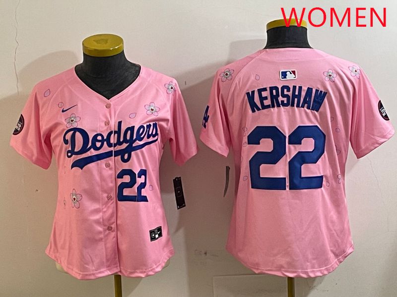 Women Los Angeles Dodgers #22 Kershaw Pink White Blue Sakura Edition 2025 Nike MLB Jersey style 5->women mlb jersey->Women Jersey